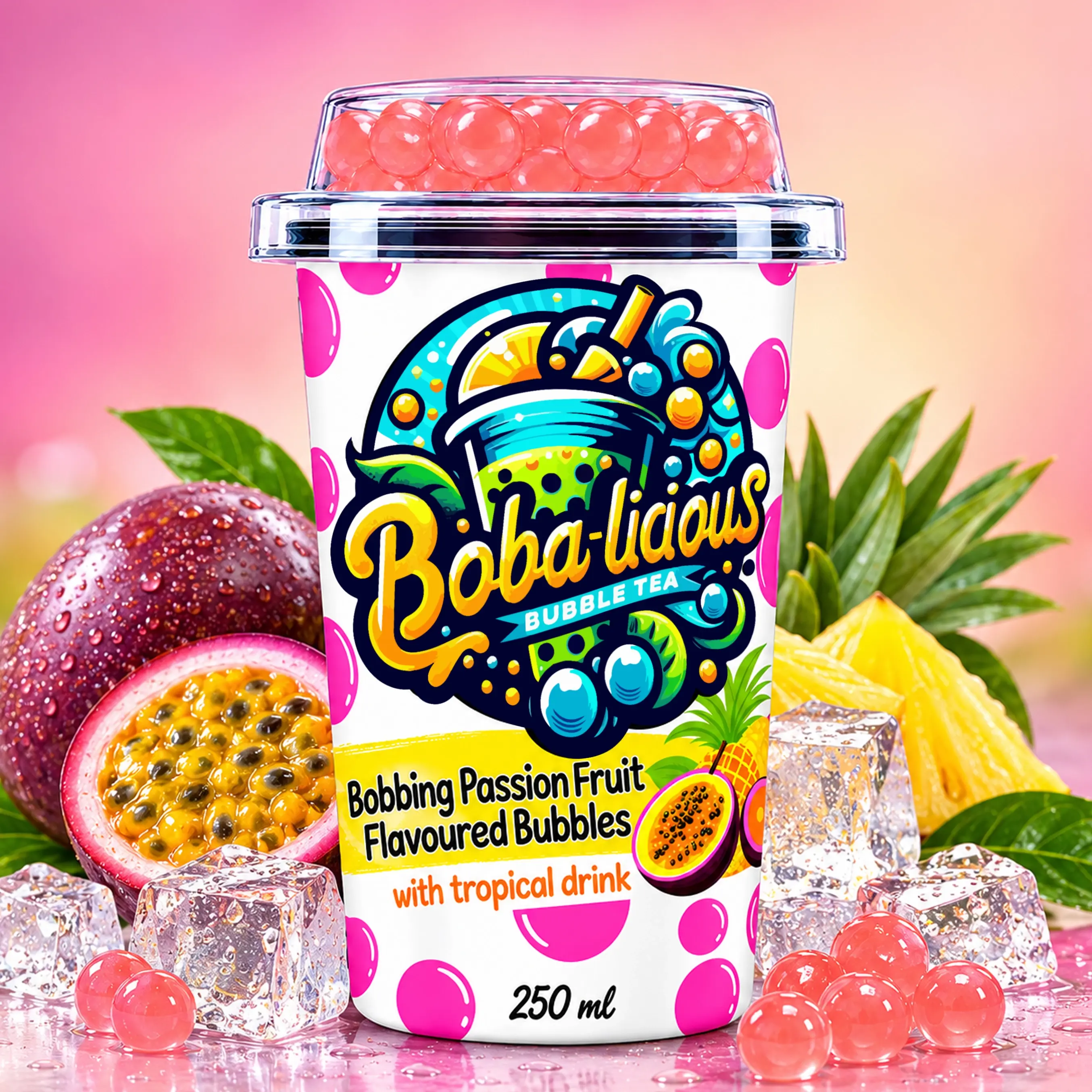 Boba-licious 250 ml passion fruit flavoured popping boba cup with tropical drink, passion fruit, pineapple and ice.